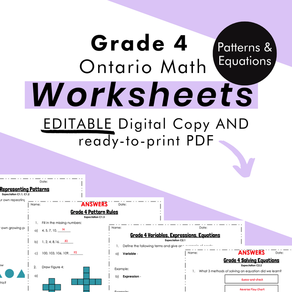 Grade 4 Ontario Math Patterns & Equations PDF & Editable Worksheets