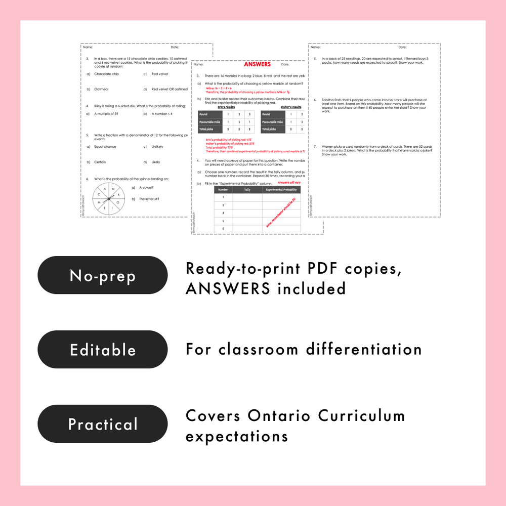 Grade 5 Ontario Math Probability PDF & Editable Worksheets