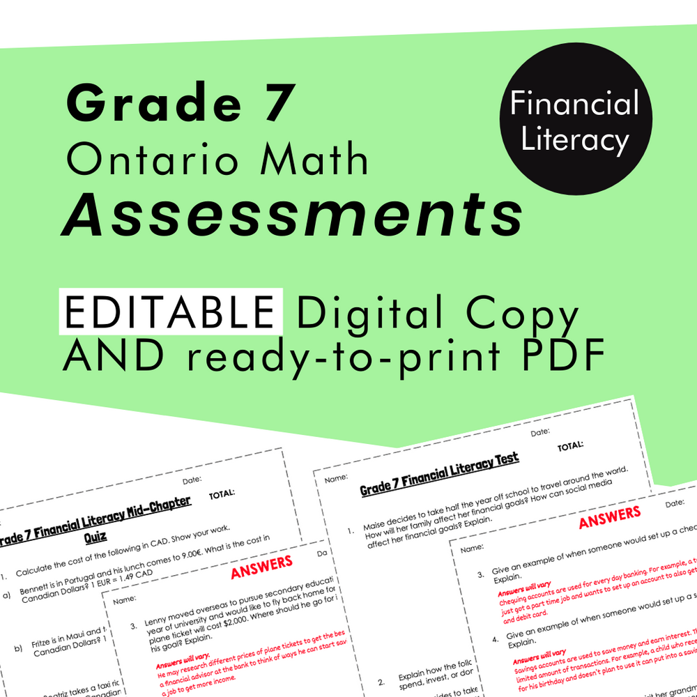 Grade 7 Ontario Math Financial Literacy Assessments