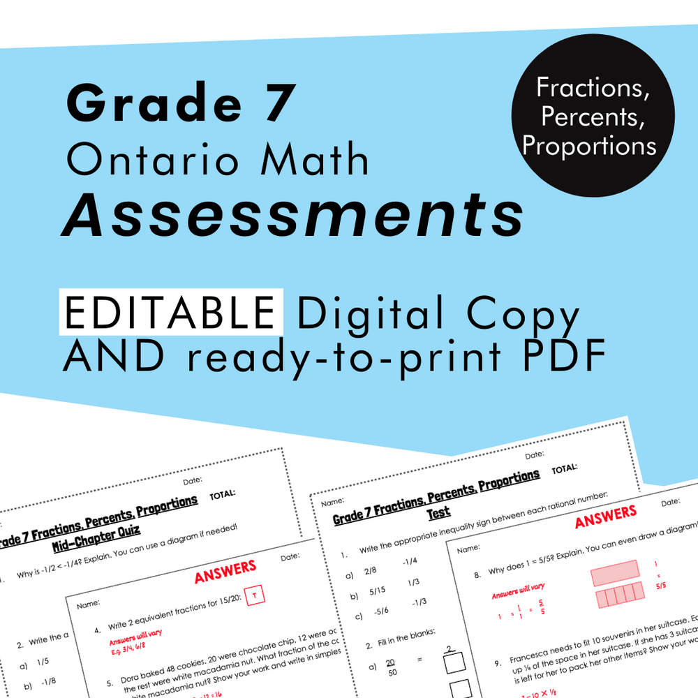 Grade 7 Ontario Math Fractions, Percents, Proportions Assessments