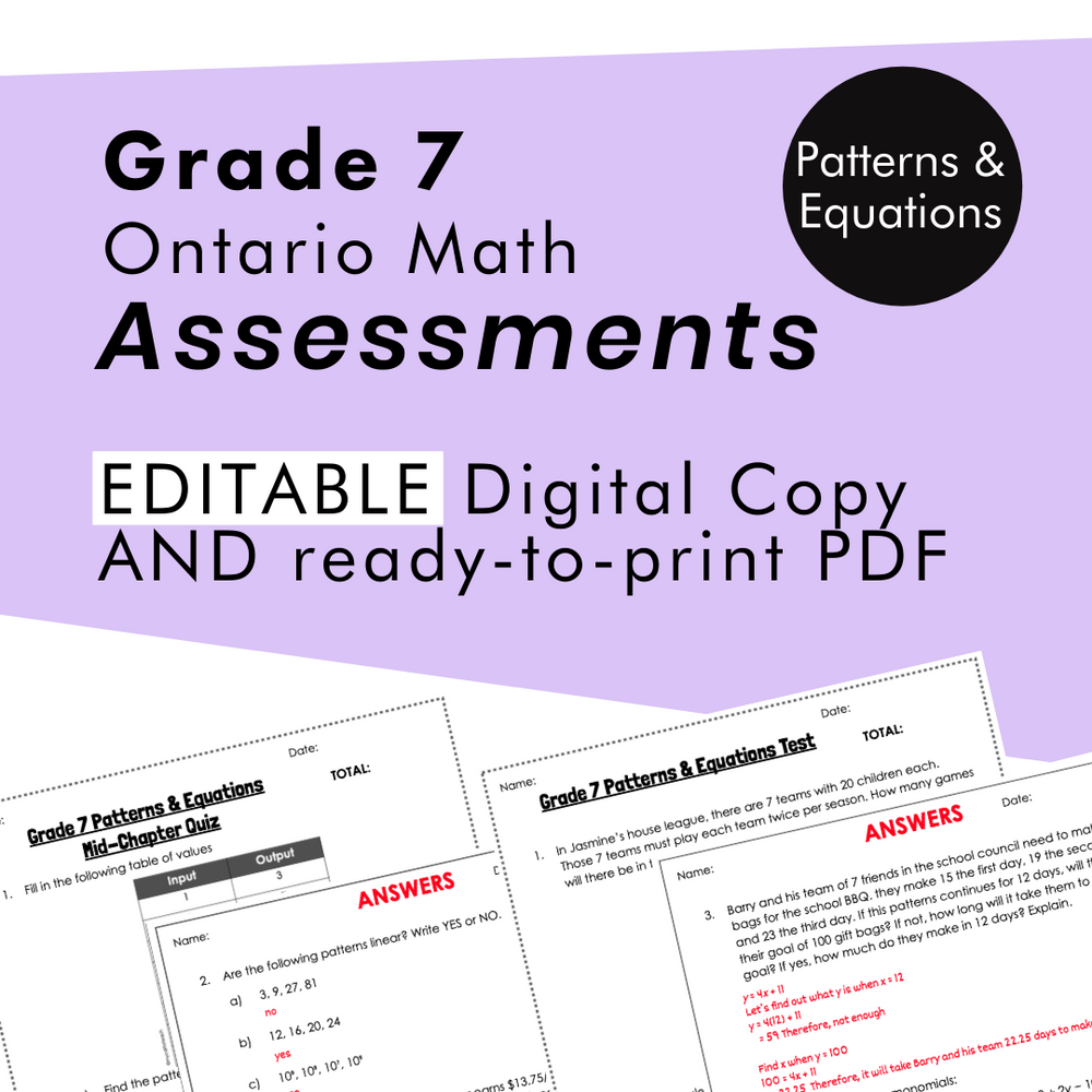 Grade 7 Ontario Math Patterns & Equations Assessments